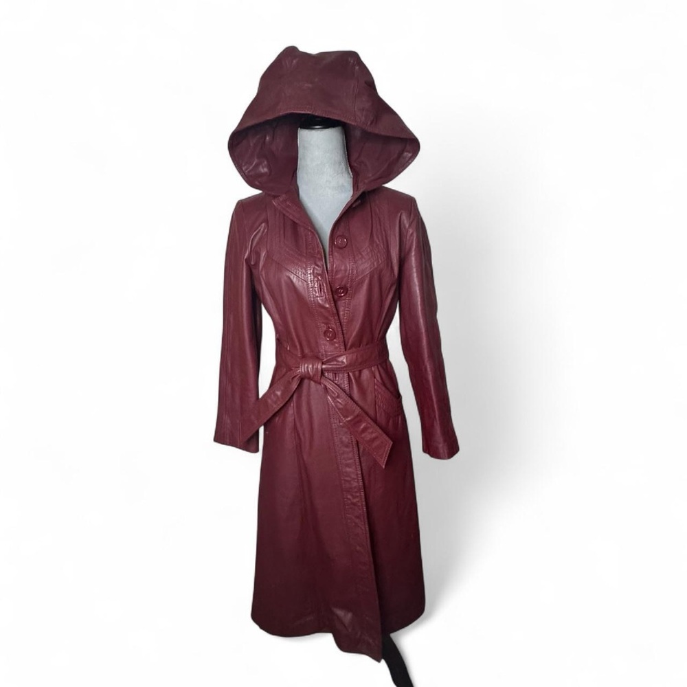 Vintage Le Soleil Burgundy Leather Trench Coat with Hood | XS-S - Picture 2 of 8